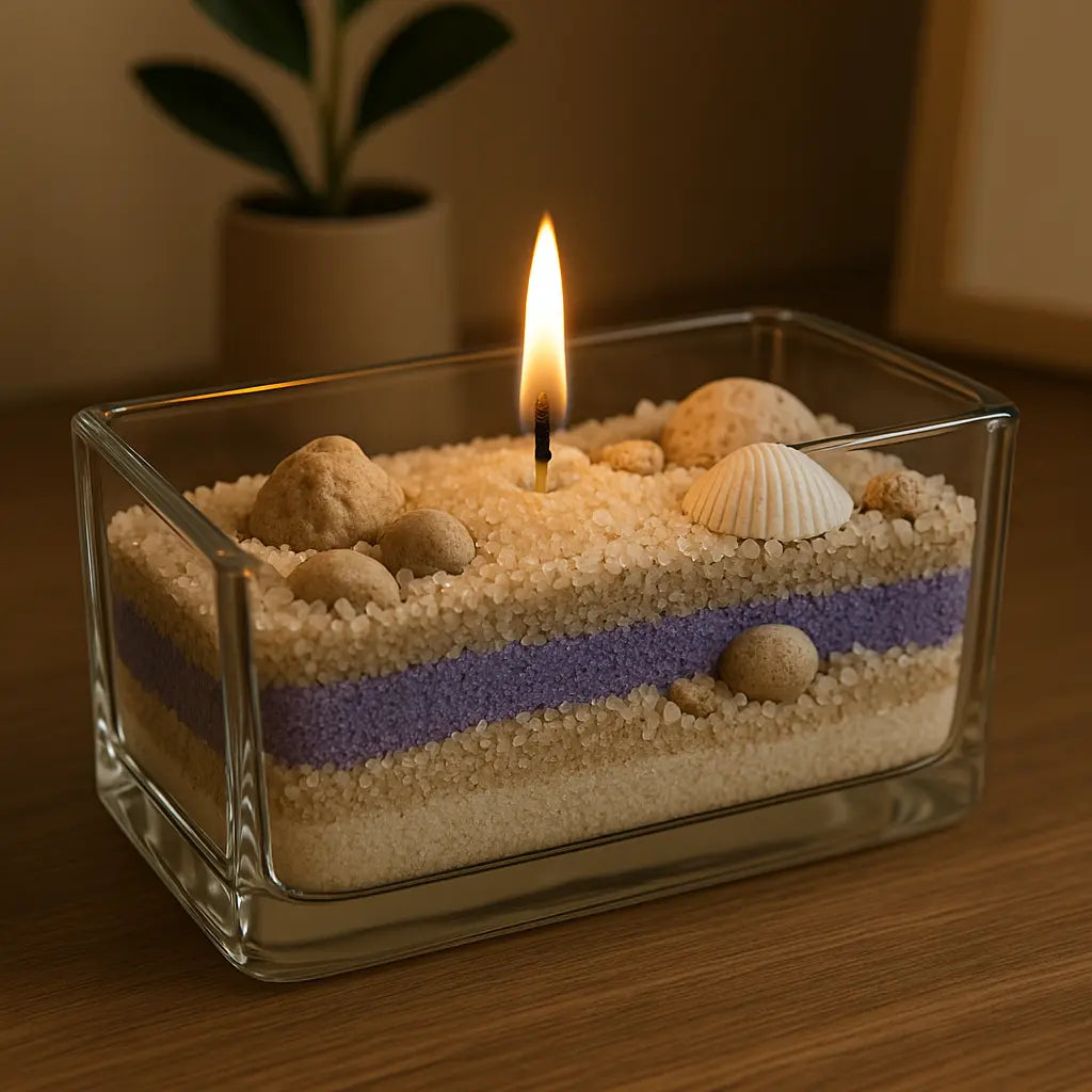 Kerzensand verschiedene Farben geschichtet in einem rechteckigem Glasgefäß zu einer Kerze, dekoriert mit Muscheln und Steinen