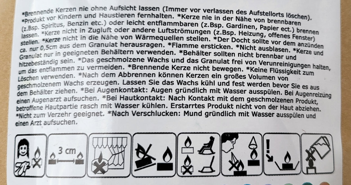 Kerzensand Warnhinweise auf Paketrückseite